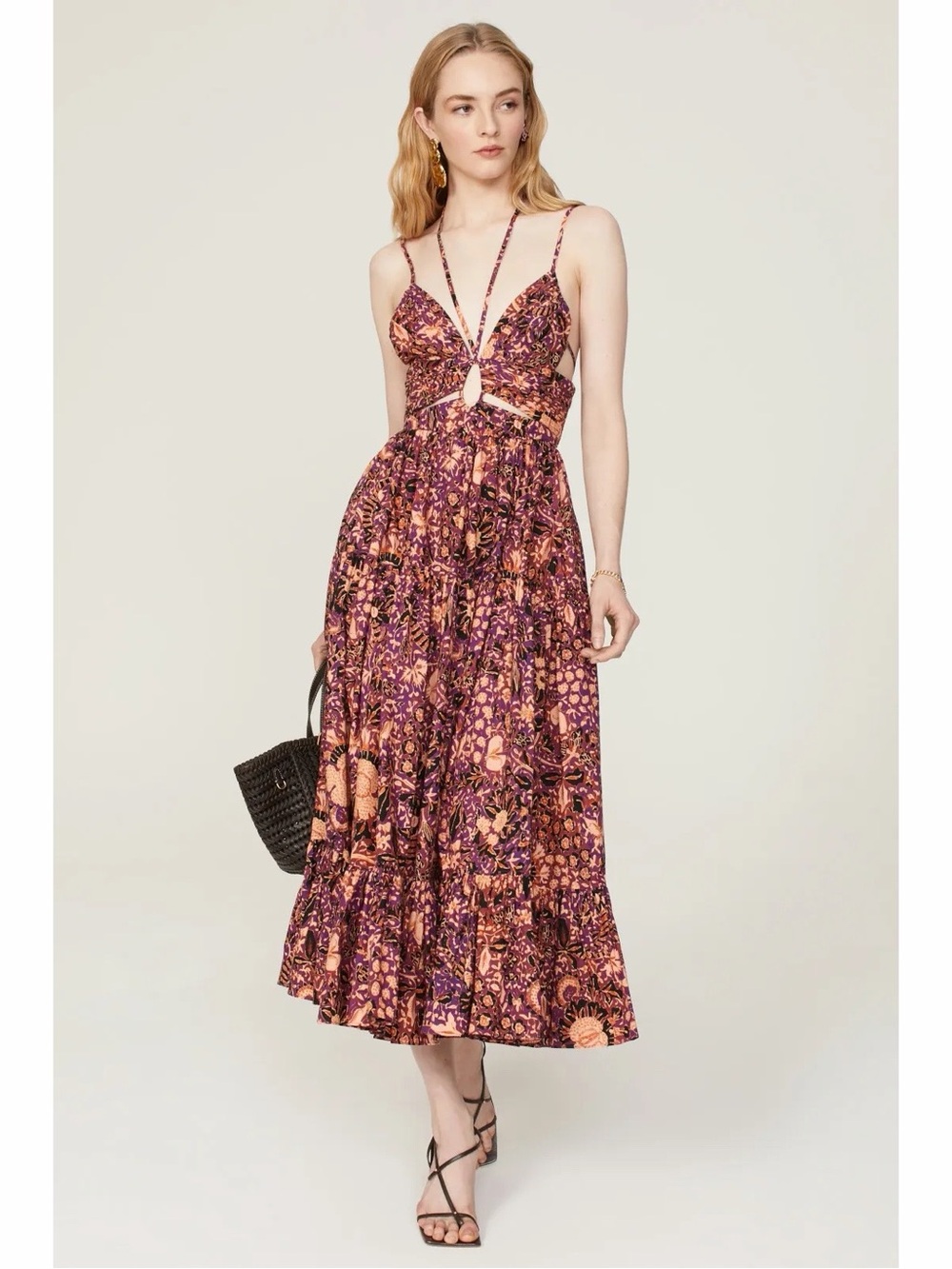 Ulla Johnson Phoebe Tiered Midi Dress in‎ Purple & Orange Floral